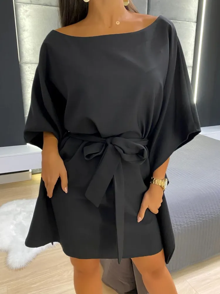 Czarna Wiązana Sukienka Nietoperz 11446-428-B|Modna Kiecka Fashion