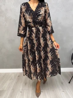 Czarna Wzorzysta Plisowana Sukienka z Paskiem 13104-167-B|Modna Kiecka Clearance