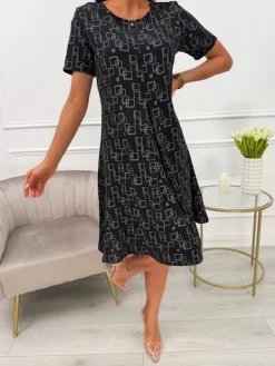 Czarna Wzorzysta Sukienka 13738-88-B|Modna Kiecka Discount