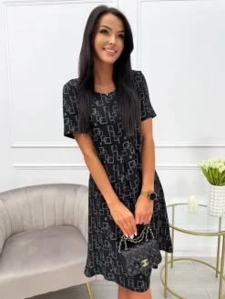 Czarna Wzorzysta Sukienka 13738-88-B|Modna Kiecka Discount
