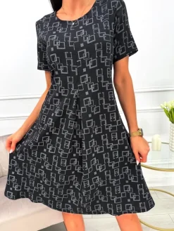 Czarna Wzorzysta Sukienka 13738-88-B|Modna Kiecka Discount