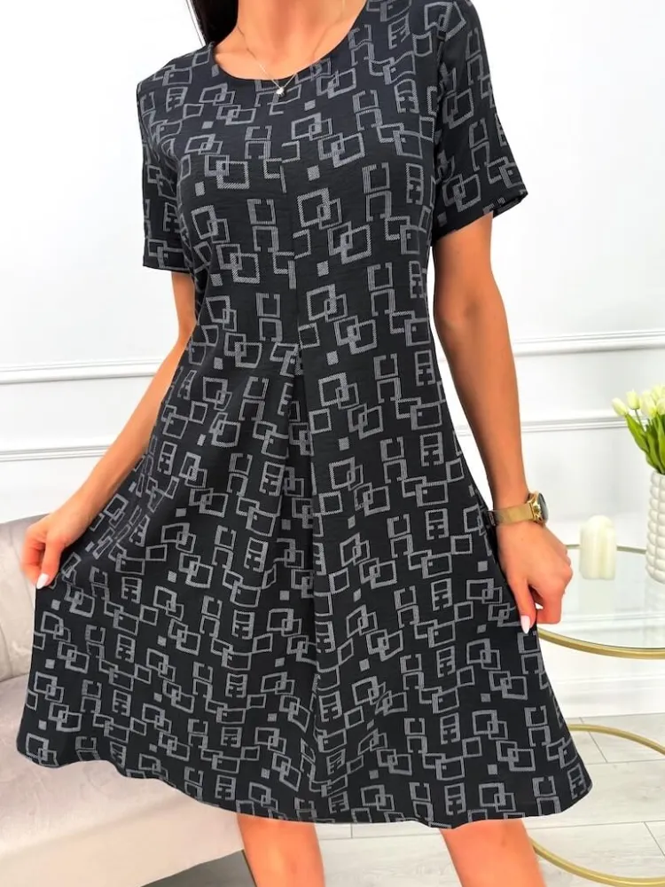Czarna Wzorzysta Sukienka 13738-88-B|Modna Kiecka Discount