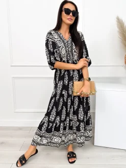 Czarna Wzorzysta Sukienka Maxi 12539-421-Q|Modna Kiecka Online