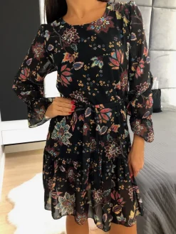 Czarna Wzorzysta Sukienka z Paskiem 11848-206-Q|Modna Kiecka Hot