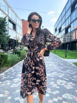 Czarna Wzorzysta Sukienka z Paseczkiem 9116-25-Q|Modna Kiecka Clearance