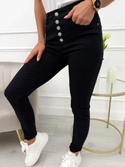 Czarne Spodnie z Ozdobnymi Guzikami 13656-325-Q|Modna Kiecka Outlet