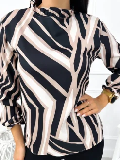 Czarno-Beżowa Bluzka ze Stójką 12864-100-A|Modna Kiecka Fashion