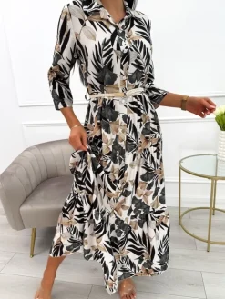Czarno-Beżowa Sukienka Maxi w Roślinny Wzór  13900-418-A|Modna Kiecka Sale