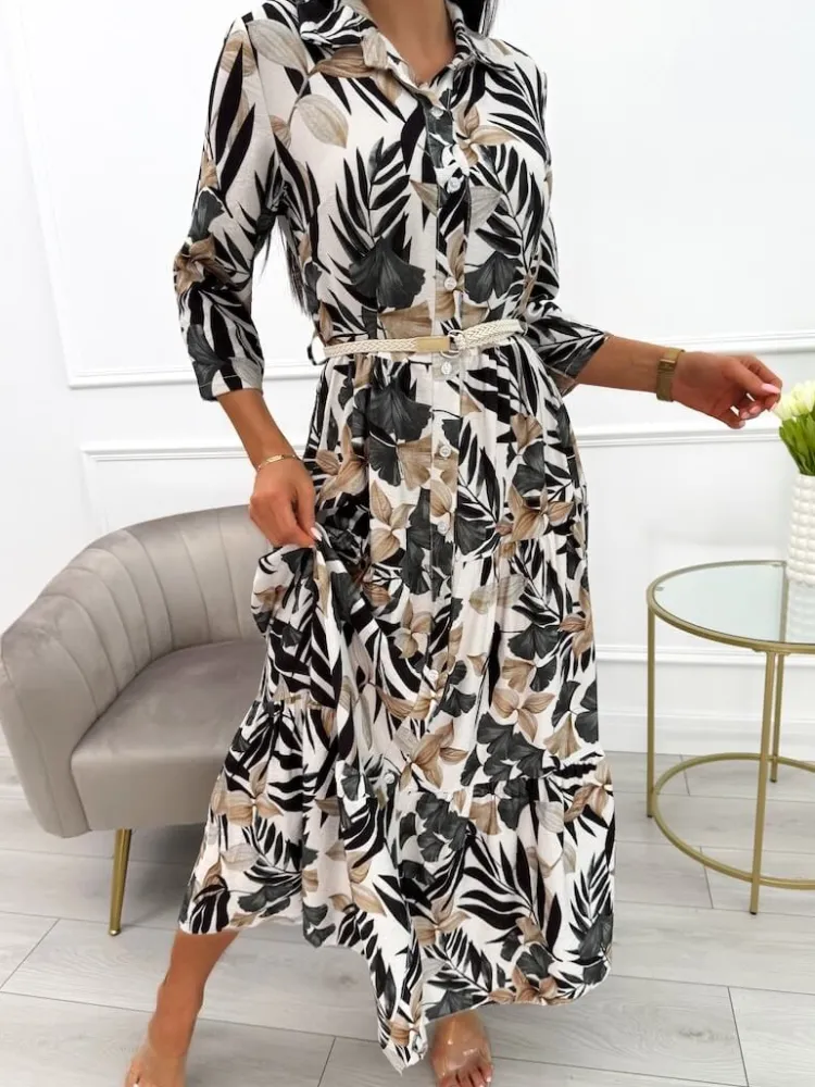 Czarno-Beżowa Sukienka Maxi w Roślinny Wzór 13900-418-A|Modna Kiecka Sale