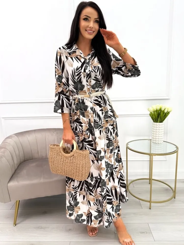 Czarno-Beżowa Sukienka Maxi w Roślinny Wzór 13900-418-A|Modna Kiecka Sale