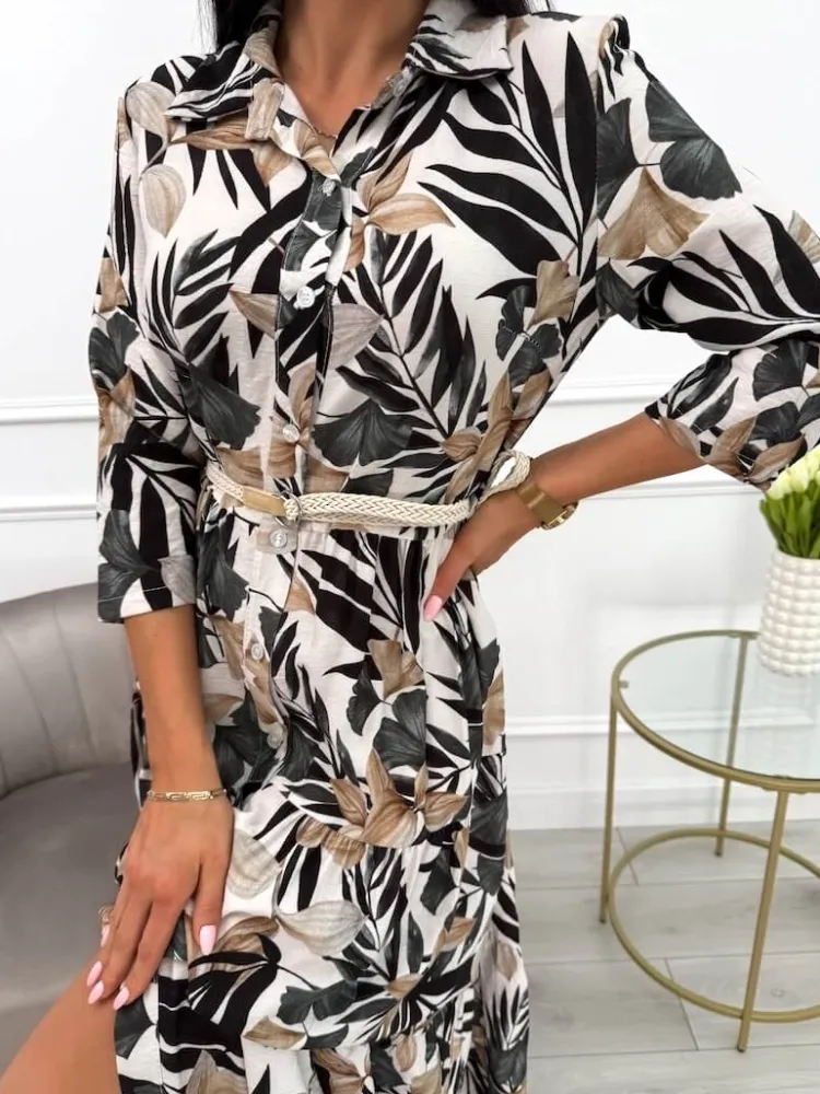 Czarno-Beżowa Sukienka Maxi w Roślinny Wzór 13900-418-A|Modna Kiecka Sale