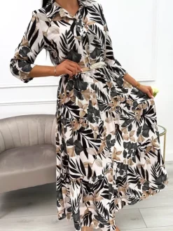 Czarno-Beżowa Sukienka Maxi w Roślinny Wzór 13900-418-A|Modna Kiecka Sale