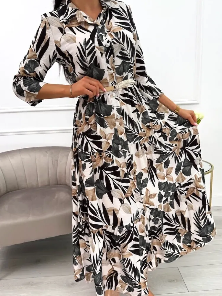 Czarno-Beżowa Sukienka Maxi w Roślinny Wzór 13900-418-A|Modna Kiecka Sale