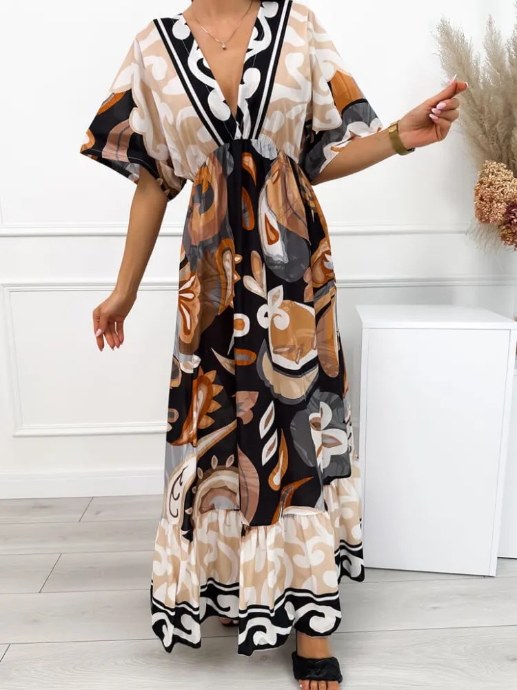 Czarno-Beżowa Sukienka Maxi z Dekoltem V 12577-163-A|Modna Kiecka Fashion