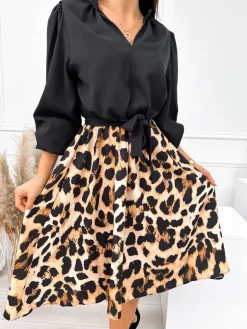 Czarno-Beżowa Sukienka w Panterkę 10867-239-A|Modna Kiecka Fashion