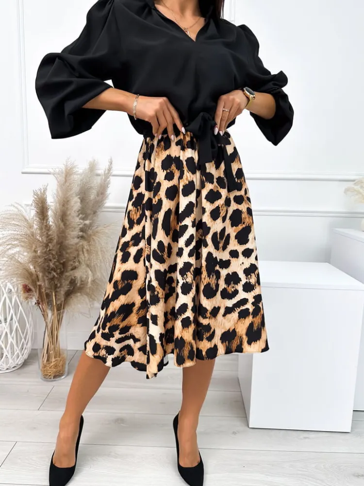 Czarno-Beżowa Sukienka w Panterkę 10867-239-A|Modna Kiecka Fashion