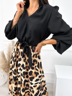 Czarno-Beżowa Sukienka w Panterkę 10867-239-A|Modna Kiecka Fashion