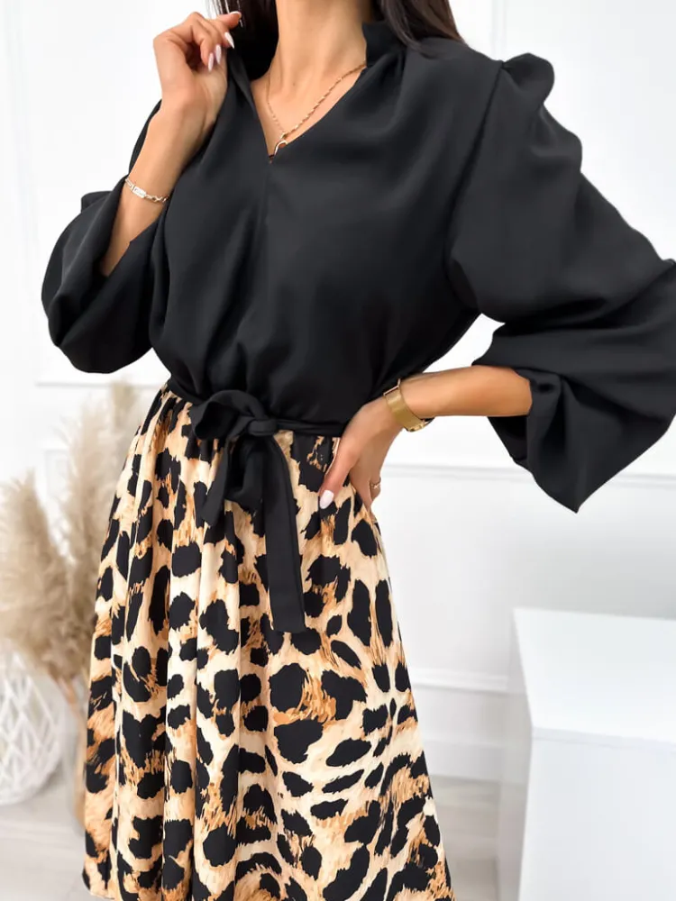 Czarno-Beżowa Sukienka w Panterkę 10867-239-A|Modna Kiecka Fashion