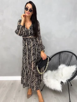 Czarno-Beżowa Wzorzysta Sukienka Maxi 13140-351-B|Modna Kiecka Sale