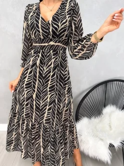 Czarno-Beżowa Wzorzysta Sukienka Maxi 13140-351-B|Modna Kiecka Sale