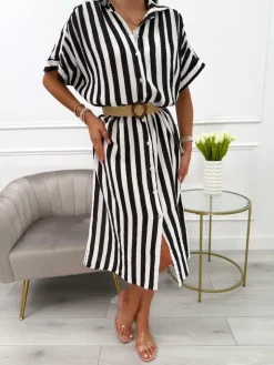 Czarno-Biała Sukienka w Paski Oversize 13994-20-B|Modna Kiecka Discount