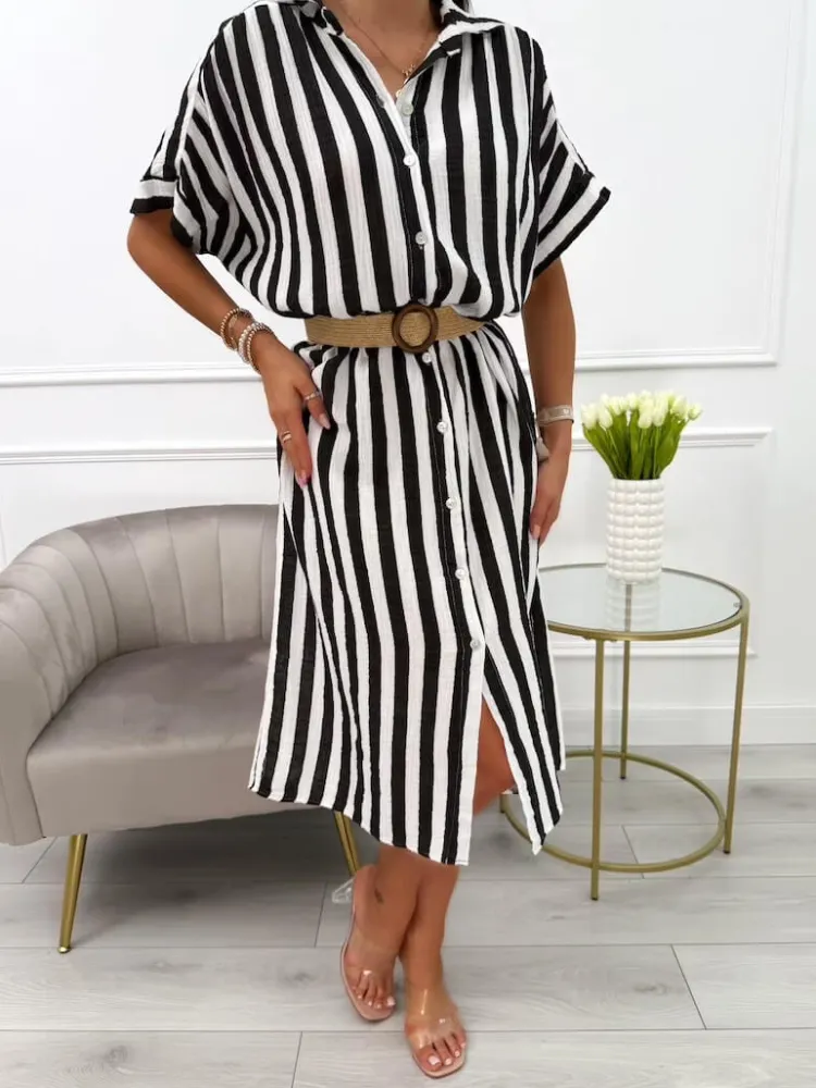 Czarno-Biała Sukienka w Paski Oversize 13994-20-B|Modna Kiecka Discount