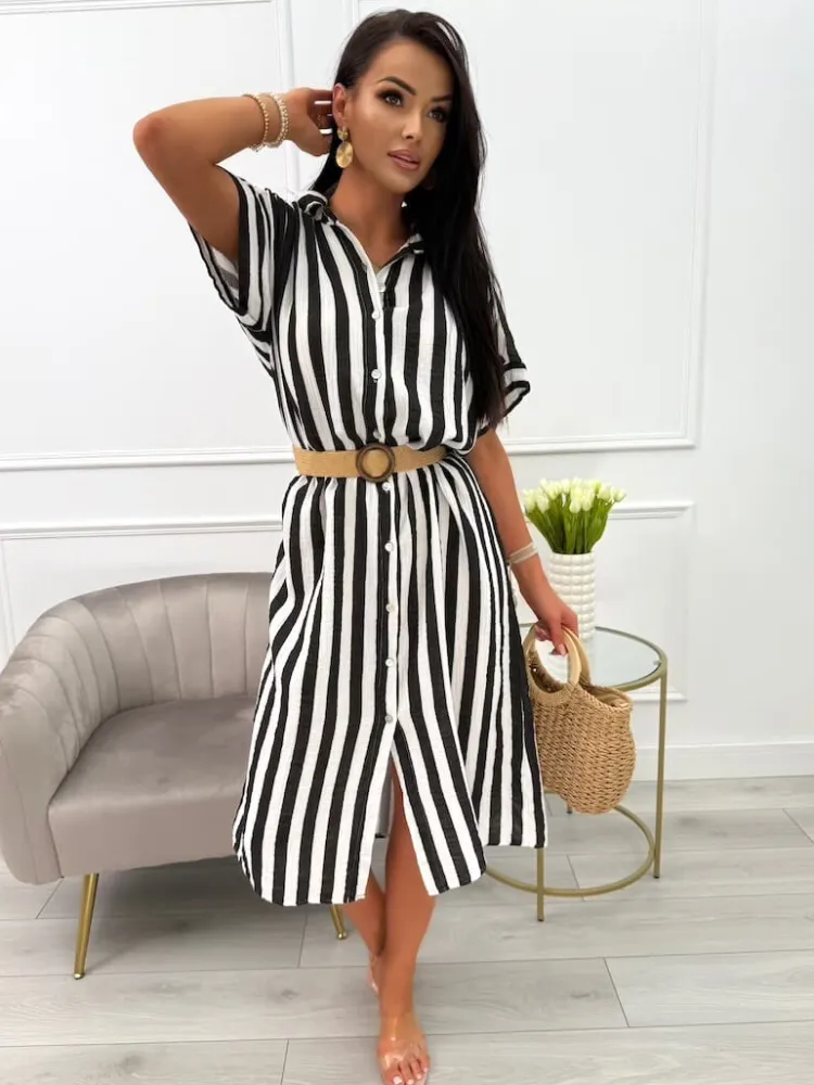 Czarno-Biała Sukienka w Paski Oversize 13994-20-B|Modna Kiecka Discount