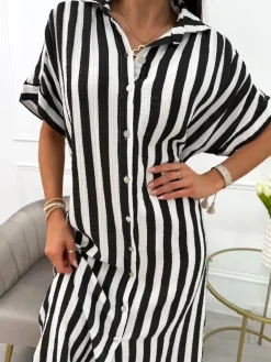 Czarno-Biała Sukienka w Paski Oversize 13994-20-B|Modna Kiecka Discount