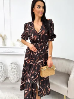 Czarno-Brązowa Sukienka z Rozporkiem 11340-234-B|Modna Kiecka Discount