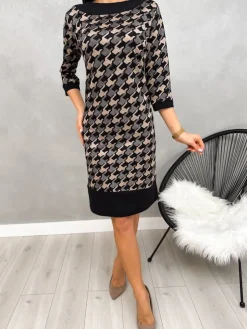 Czarno-Brązowa Sukienka ze Wzorem 13210-150-B|Modna Kiecka Hot