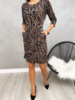 Czarno-Brązowa Sukienka ze Wzorem 13162-502 13162-502-Q|Modna Kiecka Discount