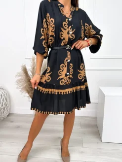 Czarno-Brązowa Sukienka ze Wzorem 10776-282-A|Modna Kiecka New