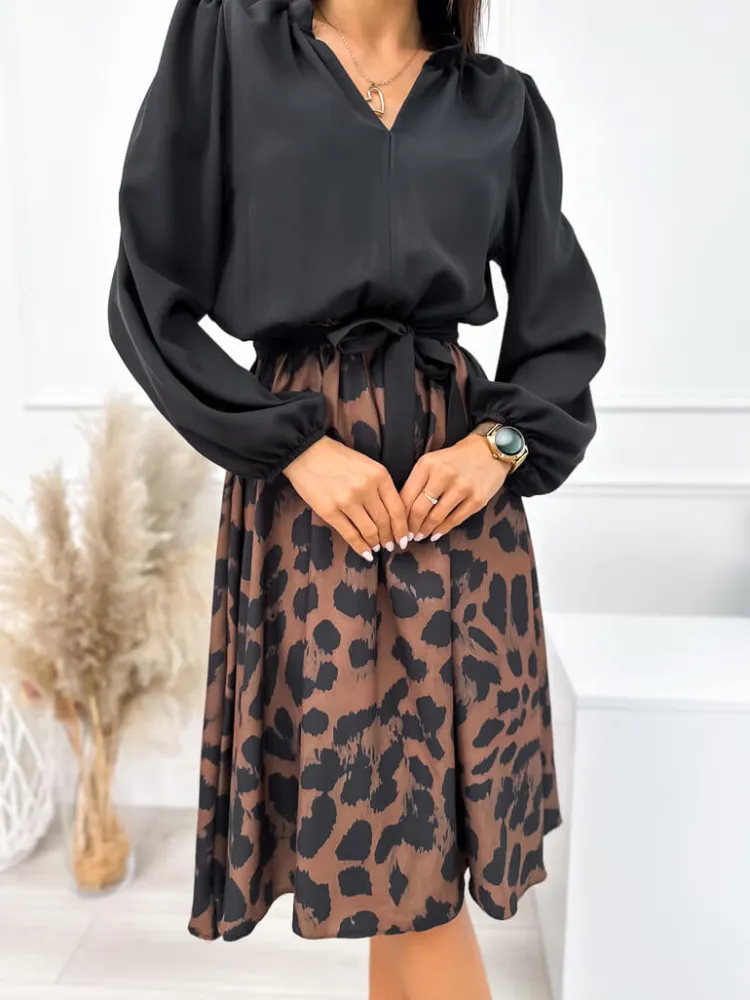 Czarno-Brązowo Sukienka w Panterkę 10867-239-B|Modna Kiecka Hot