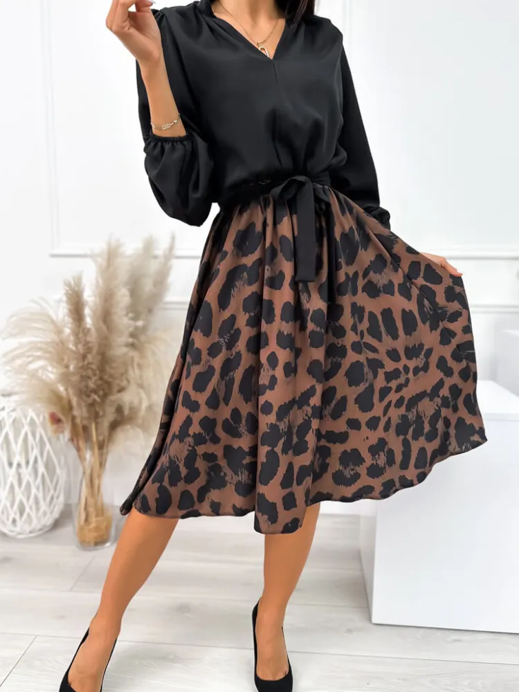 Czarno-Brązowo Sukienka w Panterkę 10867-239-B|Modna Kiecka Hot