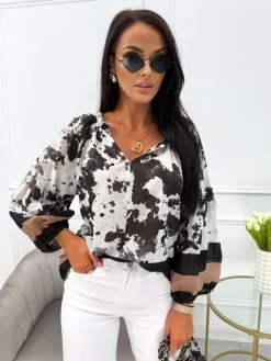 Czarno-Kremowa Bluzka z Dekoltem V 13992-273-B|Modna Kiecka Hot