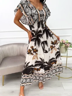 Czarno-Kremowa Sukienka Maxi ze Wzorem 14011-136-B|Modna Kiecka Fashion