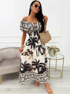 Czarno-Kremowa Sukienka Maxi ze Wzorem 14011-136-B|Modna Kiecka Fashion