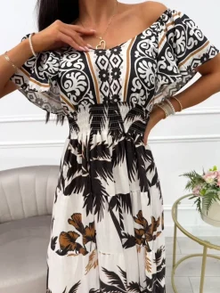 Czarno-Kremowa Sukienka Maxi ze Wzorem 14011-136-B|Modna Kiecka Fashion