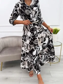 Czarno-Kremowa Sukienka Maxi ze Wzorem 13901-167-A|Modna Kiecka Online