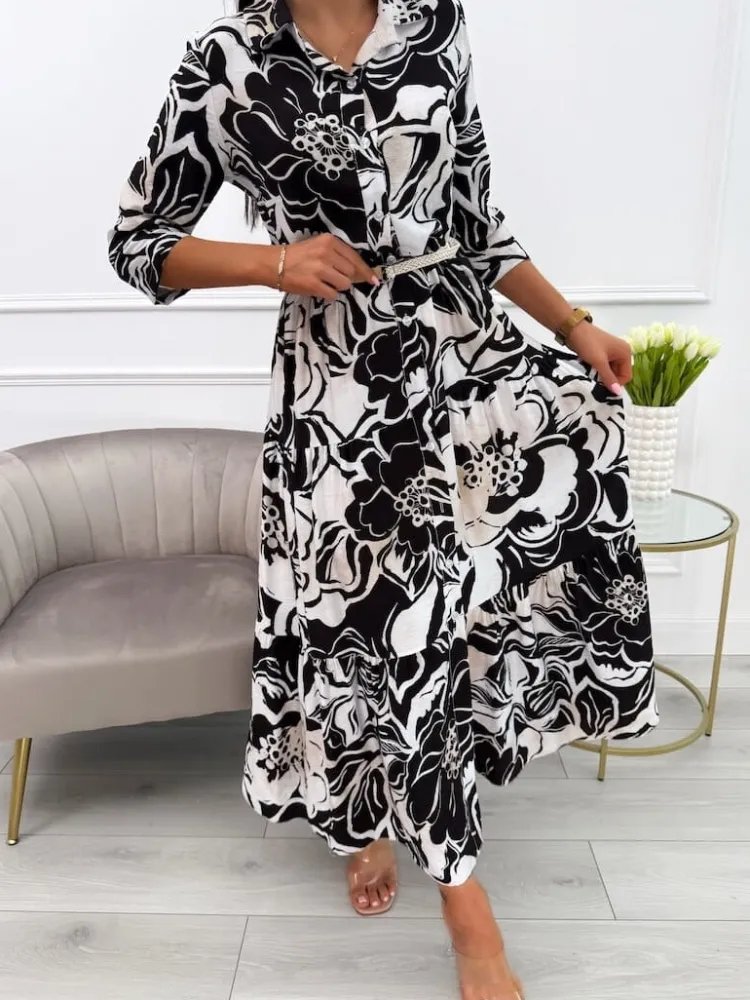 Czarno-Kremowa Sukienka Maxi ze Wzorem 13901-167-A|Modna Kiecka Online