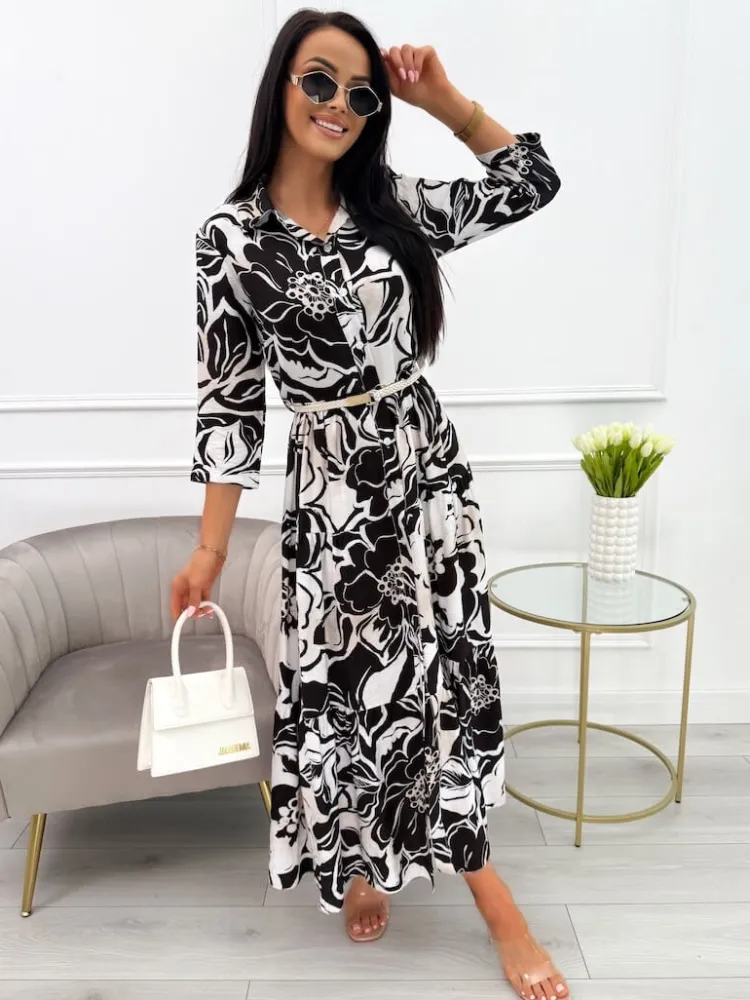 Czarno-Kremowa Sukienka Maxi ze Wzorem 13901-167-A|Modna Kiecka Online