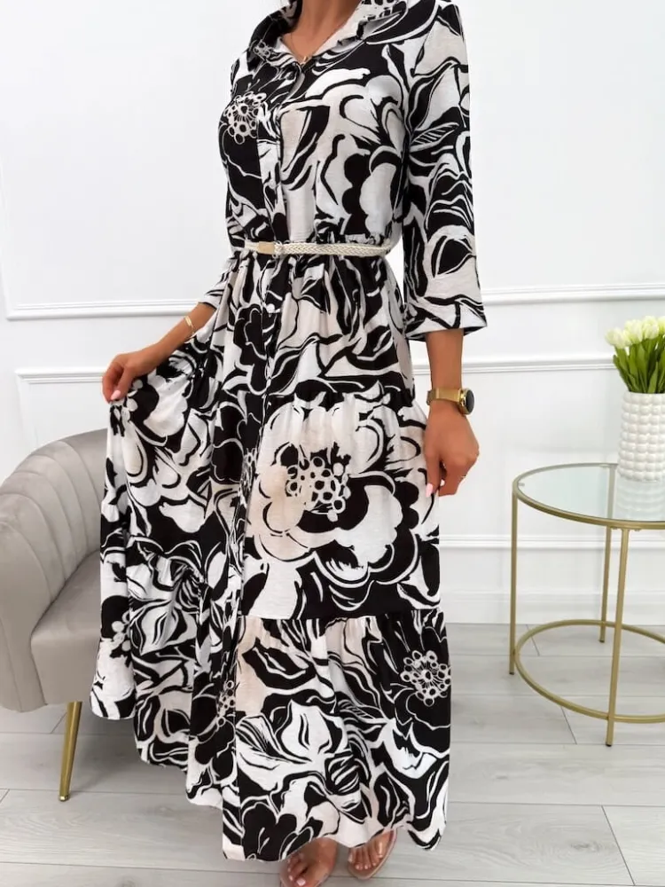 Czarno-Kremowa Sukienka Maxi ze Wzorem 13901-167-A|Modna Kiecka Online