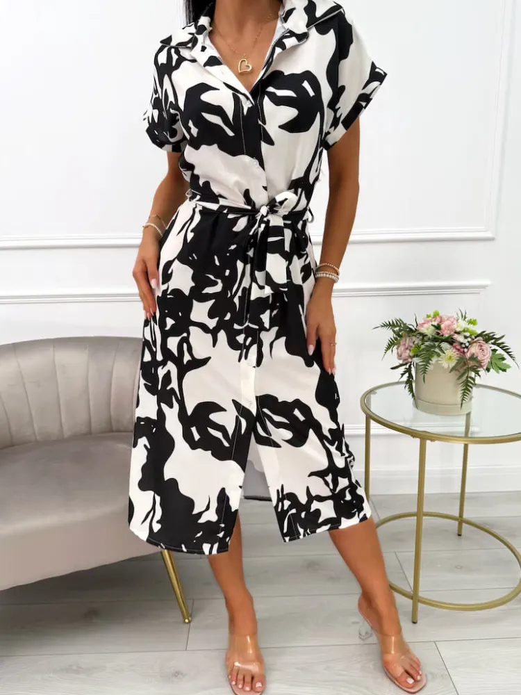 Czarno-Kremowa Sukienka Midi z Paskiem 14031-22-B|Modna Kiecka Discount