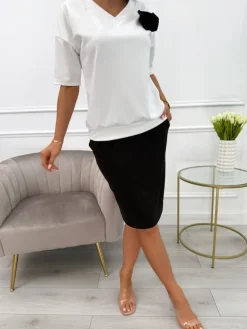 Czarno-Kremowy Komplet Bluzka z Ozdobą + Spódnica 13800-212-F|Modna Kiecka Discount