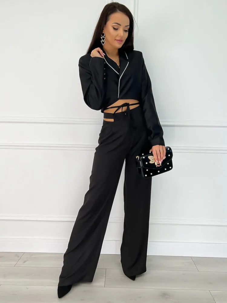 Czarny Żakiet z Wiązaniem 9046-502 9046-502-Q|Modna Kiecka Fashion
