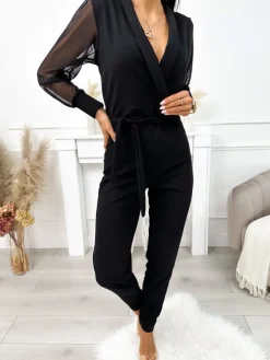 Czarny Kombinezon z Ozdobnym Rękawem 11660-131-B|Modna Kiecka Discount