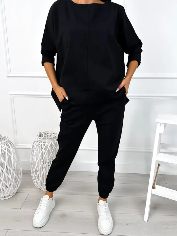 Czarny Komplet Bluza Oversize + Spodnie 12784-104-B|Modna Kiecka Sale