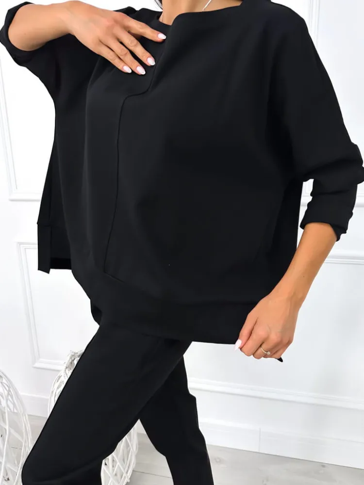 Czarny Komplet Bluza Oversize + Spodnie 12784-104-B|Modna Kiecka Sale