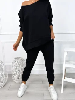 Czarny Komplet Bluza Oversize + Spodnie 12784-104-B|Modna Kiecka Sale