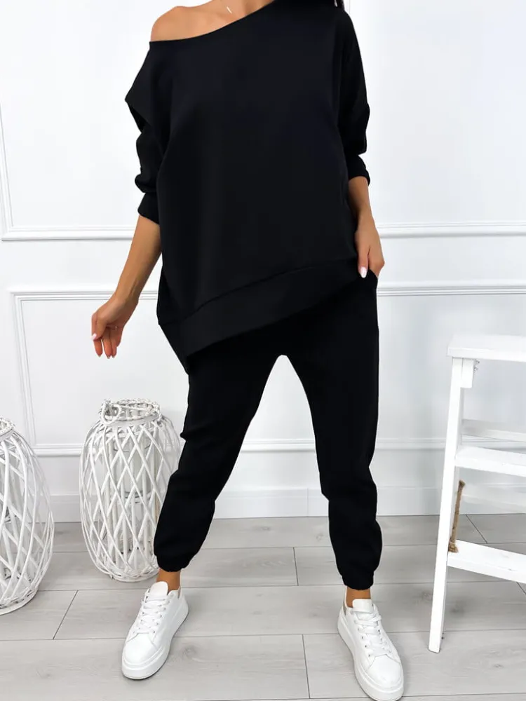 Czarny Komplet Bluza Oversize + Spodnie 12784-104-B|Modna Kiecka Sale